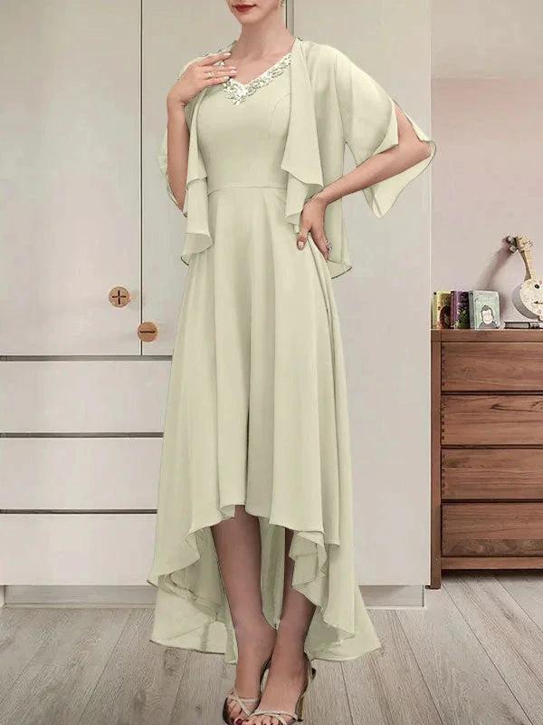 A-line V-Neck Asymmetrical Chiffon Mother of the Bride Dress With Beading Sequins by Dreamylily