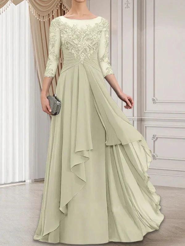 A-line Scoop Illusion Floor-Length Lace Chiffon Mother of the Bride Dress With Cascading Ruffles by Dreamylily