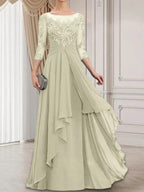 A-line Scoop Illusion Floor-Length Lace Chiffon Mother of the Bride Dress With Cascading Ruffles by Dreamylily