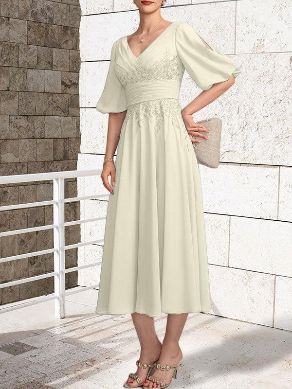 A-line V-Neck Tea-Length Lace Chiffon Mother of the Bride Dress With Pleated by Dreamylily