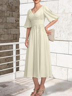 A-line V-Neck Tea-Length Lace Chiffon Mother of the Bride Dress With Pleated by Dreamylily