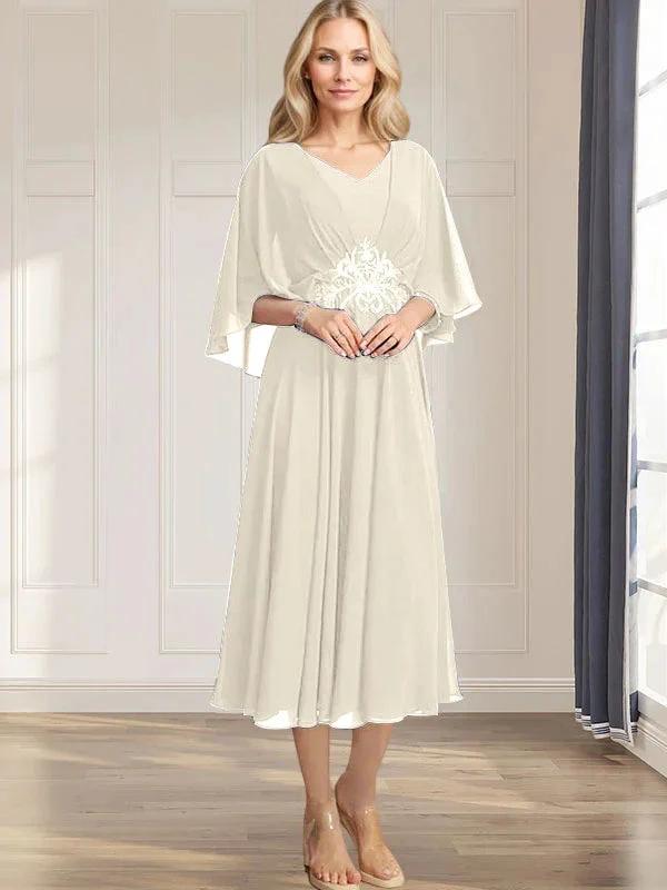 A-line V-Neck Tea-Length Chiffon Mother of the Bride Dress With Pleated Sequins Appliques Lace Beadind by Dreamylily