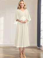 A-line V-Neck Tea-Length Chiffon Mother of the Bride Dress With Pleated Sequins Appliques Lace Beadind by Dreamylily