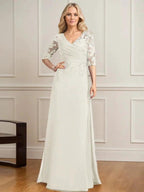 A-line V-Neck Floor-Length Lace Chiffon Mother of the Bride Dress With Pleated Sequins by Dreamylily