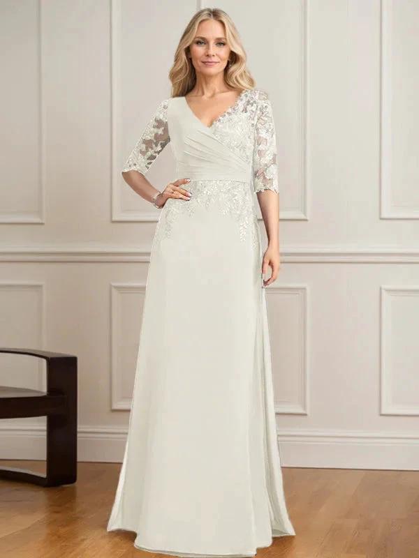 A-line V-Neck Floor-Length Lace Chiffon Mother of the Bride Dress With Pleated Sequins by Dreamylily