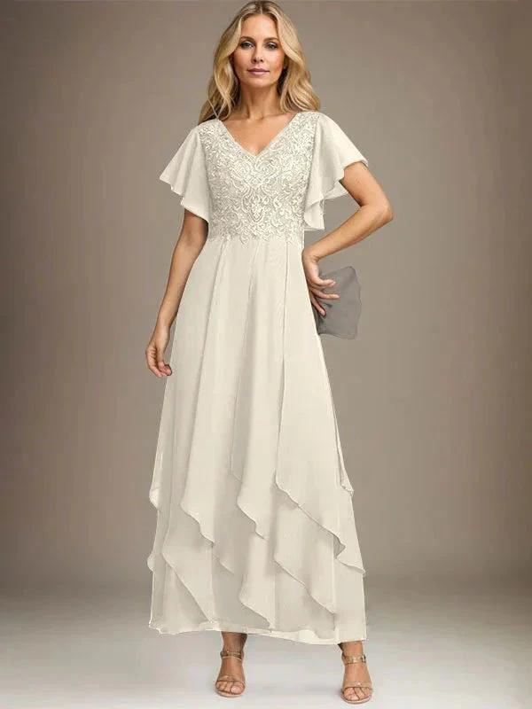 A-line V-Neck Ankle-Length Lace Chiffon Mother of the Bride Dress With Cascading Ruffles by Dreamylily