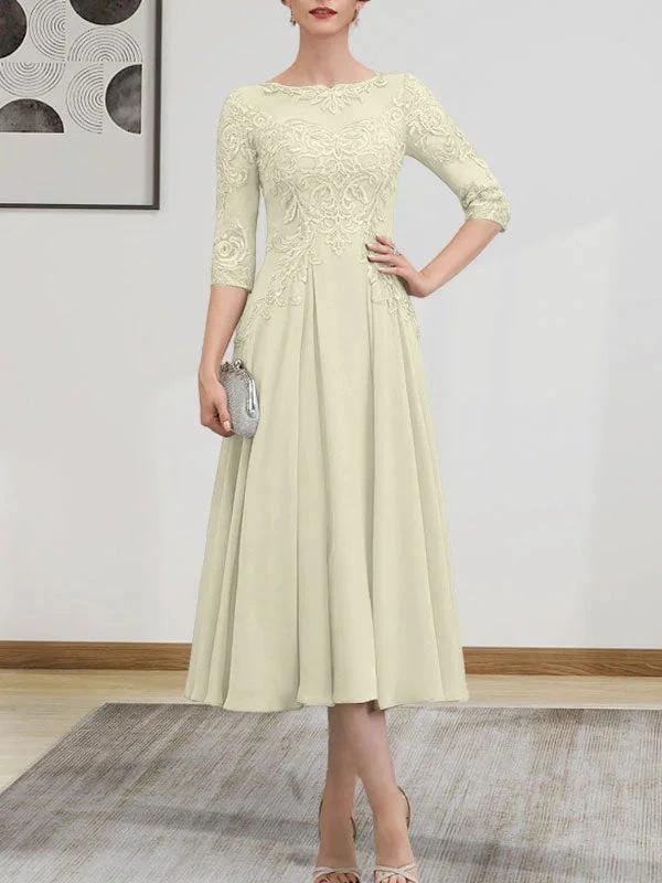 A-line Scoop Illusion Tea-Length Chiffon Lace Mother of the Bride Dress With Beading Sequins by Dreamylily