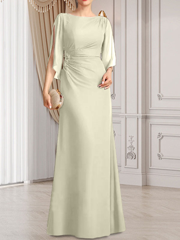 Etui-Linie/Säule U-Ausschnitt Bodenlang Chiffon Kleid für die Brautmutter mit Plissee Perlenbesatz