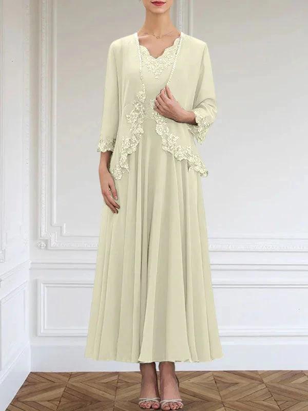 A-line V-Neck Ankle-Length Chiffon Mother of the Bride Dress With Sequins Appliques Lace Beading by Dreamylily
