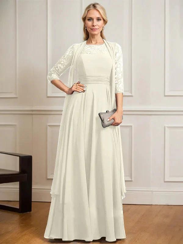 A-line Scoop Illusion Floor-Length Lace Chiffon Mother of the Bride Dress With Pleated by Dreamylily