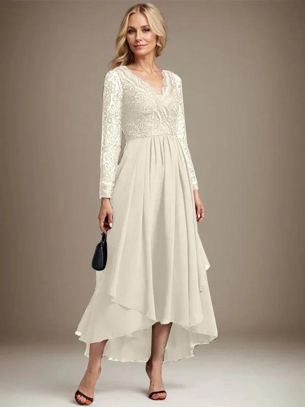 A-line V-Neck Asymmetrical Lace Chiffon Mother of the Bride Dress by Dreamylily