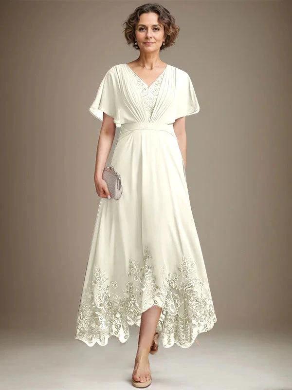 A-line V-Neck Asymmetrical Lace Chiffon Mother of the Bride Dress With Pleated by Dreamylily