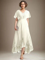 A-line V-Neck Asymmetrical Lace Chiffon Mother of the Bride Dress With Pleated by Dreamylily