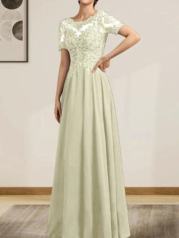 A-line Scoop Illusion Floor-Length Chiffon Lace Mother of the Bride Dress With Sequins Beading by Dreamylily