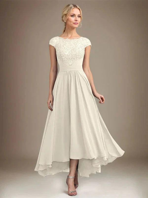 A-line Scoop Illusion Asymmetrical Lace Chiffon Mother of the Bride Dress With Pleated by Dreamylily