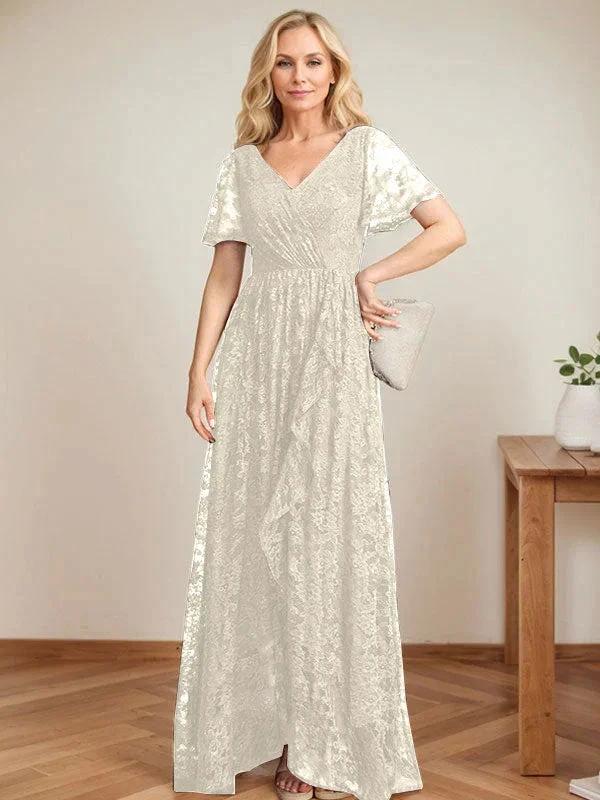 A-Line V-Neck Asymmetrical Lace Mother of the Bride Dress With Cascading Ruffles by Dreamylily