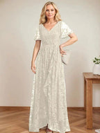 A-Line V-Neck Asymmetrical Lace Mother of the Bride Dress With Cascading Ruffles by Dreamylily