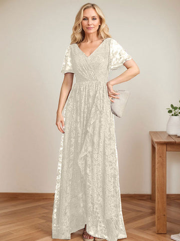 A-Line V-Neck Asymmetrical Lace Mother of the Bride Dress With Cascading Ruffles