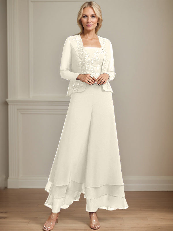 Separates Jumpsuit/Pantsuit Square Ankle-Length Lace Chiffon Mother of the Bride Dress With Sequins