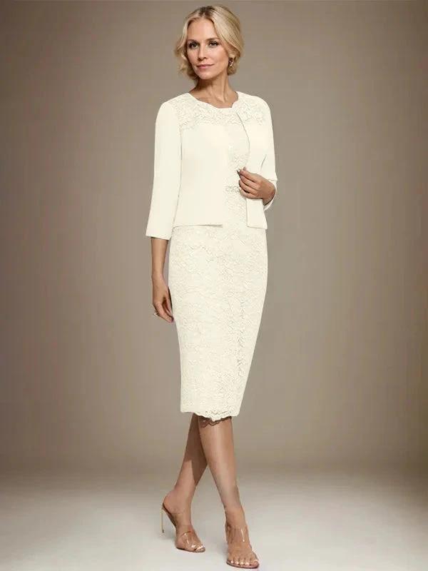 Sheath/Column Scoop Knee-Length Chiffon Lace Mother of the Bride Dress With Beading by Dreamylily