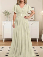 A-line V-Neck Floor-Length Chiffon Mother of the Bride Dress With Crystal Brooch Pleated by Dreamylily
