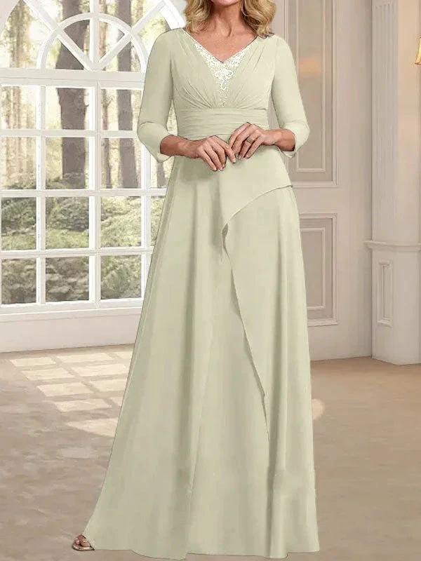 A-line V-Neck Floor-Length Chiffon Mother of the Bride Dress With Pleated Beading by Dreamylily