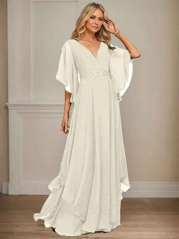 A-line V-Neck Floor-Length Chiffon Mother of the Bride Dress With Sequins Appliques Lace Beading by Dreamylily