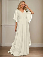 A-line V-Neck Floor-Length Chiffon Mother of the Bride Dress With Sequins Appliques Lace Beading by Dreamylily