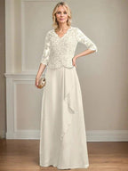 A-line V-Neck Floor-Length Lace Chiffon Mother of the Bride Dress With Cascading Ruffles Sequins by Dreamylily
