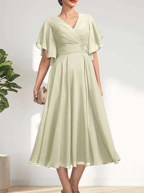A-line V-Neck Tea-Length Chiffon Mother of the Bride Dress With Pleated Beading by Dreamylily