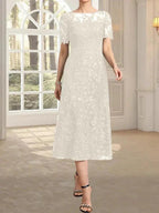 A-line Scoop Illusion Tea-Length Lace Mother of the Bride Dress With Sequins by Dreamylily