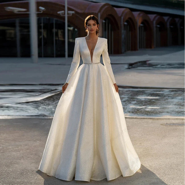 Ivory V Neck Full Sleeve Wedding Dresses Empire Stretch Satin Prom Gowns Zipper Back Summer New Luxury Vestidos De Novia Hover Image