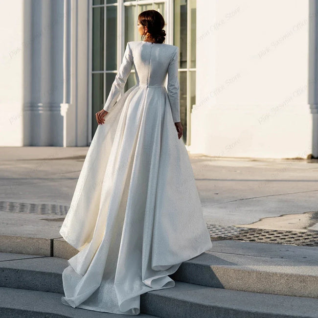 Ivory V Neck Full Sleeve Wedding Dresses Empire Stretch Satin Prom Gowns Zipper Back Summer New Luxury Vestidos De Novia Main Image