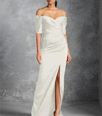 Sheath/Column Off-the-Shoulder Short Sleeves Floor-Length Mother of the Bride Dresses With Split Front by Dreamylily