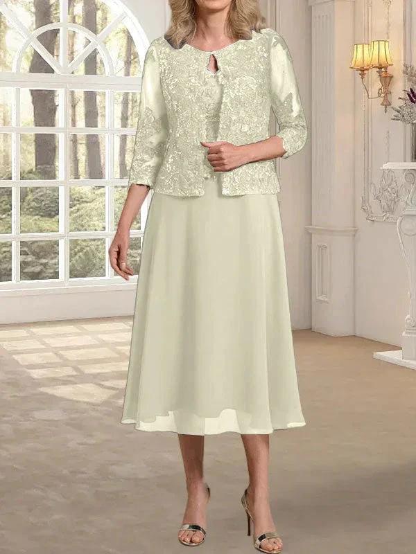 A-line Scoop Tea-Length Lace Chiffon Mother of the Bride Dress With Sequins by Dreamylily