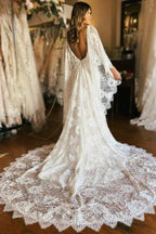 Ivory Batwing Sleeves Plunge Neck Mermaid Boho Wedding Dress WD740 by pgmdress