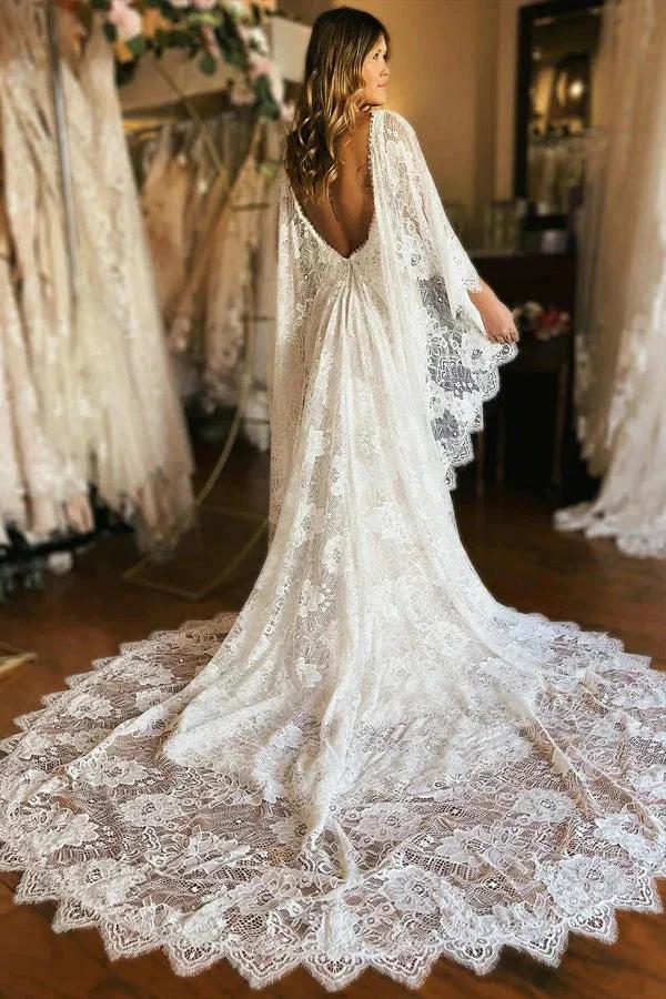 Ivory Batwing Sleeves Plunge Neck Mermaid Boho Wedding Dress WD740 by pgmdress
