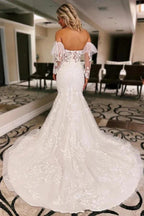 Ivory Floral Trumpet Wedding Dress with Detachable Sleeves WD723 by pgmdress