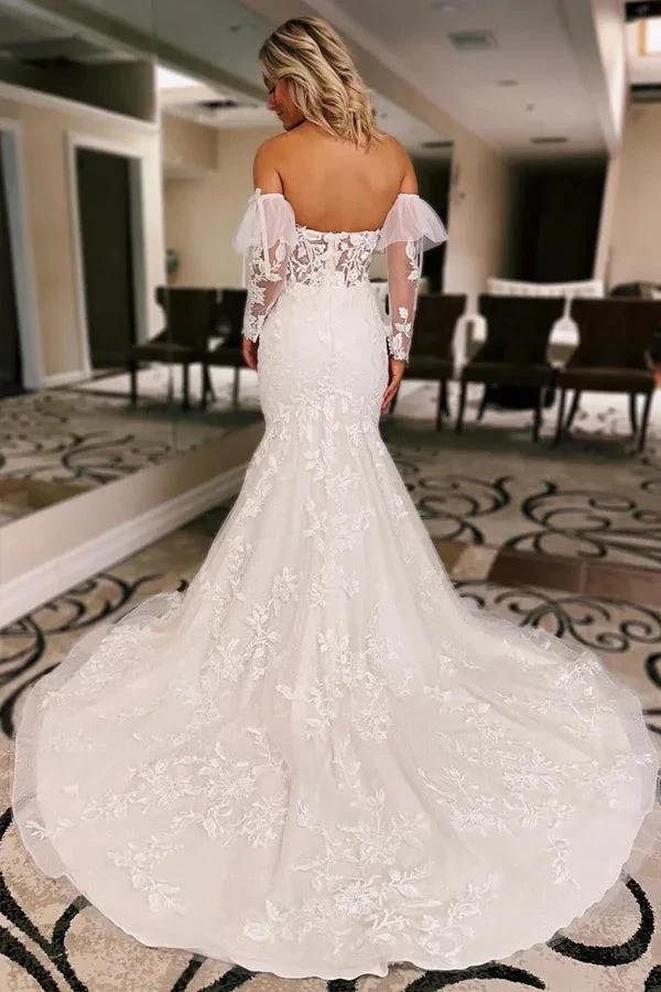 Ivory Floral Trumpet Wedding Dress with Detachable Sleeves WD723 by pgmdress