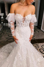 Ivory Floral Trumpet Wedding Dress with Detachable Sleeves WD723 by pgmdress