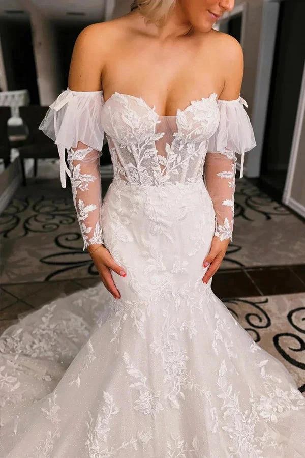 Ivory Floral Trumpet Wedding Dress with Detachable Sleeves WD723 by pgmdress