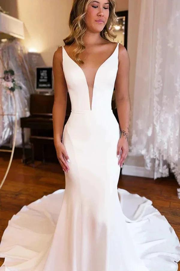 Plunge V Backless Long Mermaid Wedding Dress WD724 by pgmdress