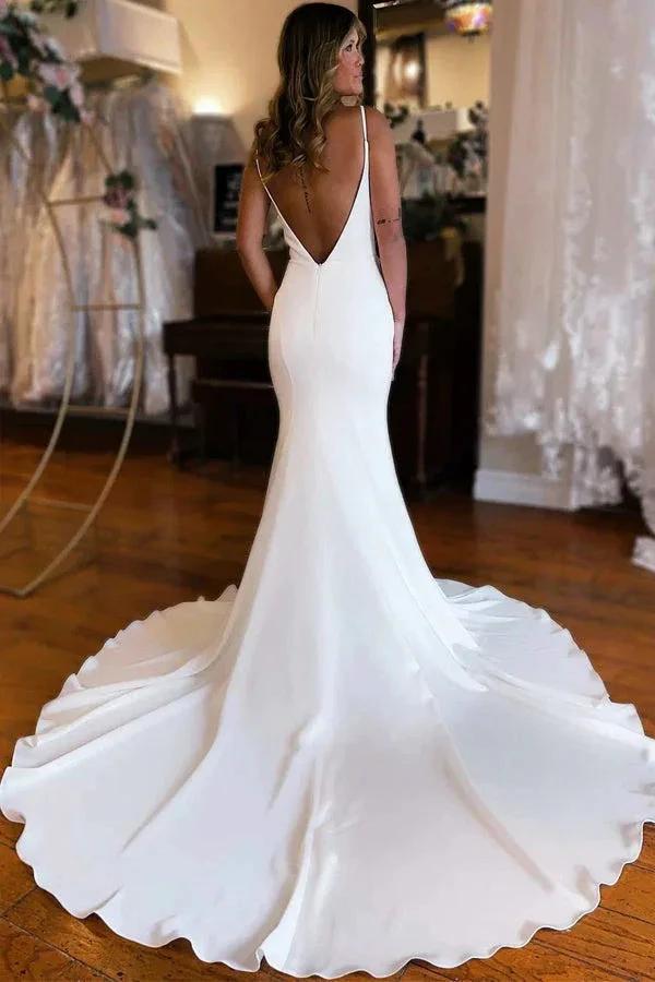 Plunge V Backless Long Mermaid Wedding Dress WD724 by pgmdress