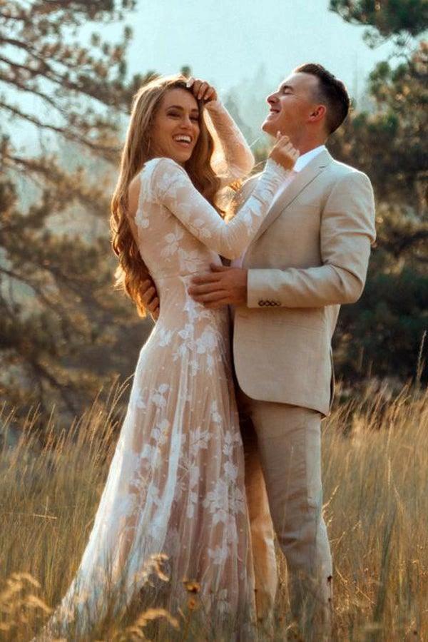 Ivory Long Sleeve Rustic Wedding Dresses Backless Sheath Beach Wedding Dress WD384 by pgmdress