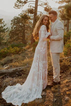 Ivory Long Sleeve Rustic Wedding Dresses Backless Sheath Beach Wedding Dress WD384 by pgmdress