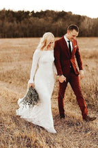 Ivory Long Sleeve Rustic Wedding Dresses Backless Sheath Beach Wedding Dress WD384 by pgmdress