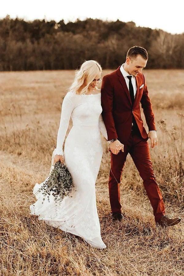 Ivory Long Sleeve Rustic Wedding Dresses Backless Sheath Beach Wedding Dress WD384 by pgmdress