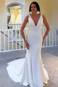 Ivory Plunge V Neck Open Back Mermaid Long Wedding Dress WD665 by pgmdress