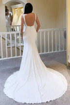 Ivory Plunge V Neck Open Back Mermaid Long Wedding Dress WD665 by pgmdress