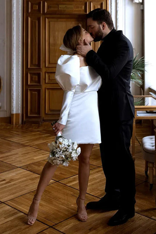 Vestido de Noiva Curto com Mangas Bufantes Marfim Vestido de Noiva Antigo WD746